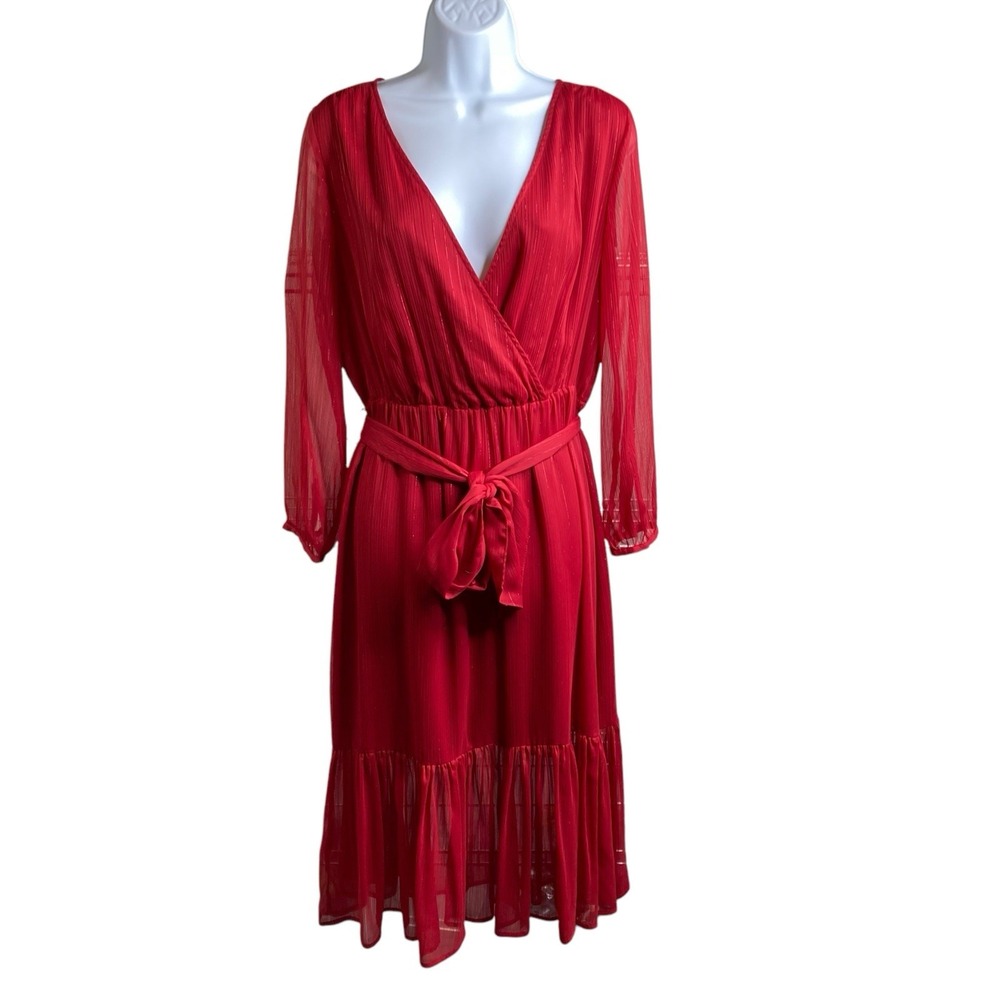 Point Sur J Crew Women's Red Faux Wrap Dress Size 4 Flowy Ruffled Hem Lolita